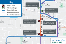 Inbound Route 60 and Route 64 on detour due to construction on Sleater Kinney Road and Lacey Boulevard.