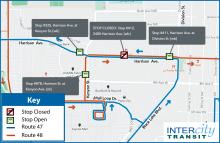 Bus stop #412, 2400 Harrison Ave. [wb], is temporarily closed for a paving project.