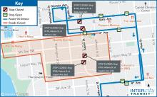 Route 94 on detour in downtown Olympia due to road closures for Arts Walk events.