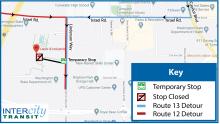 Routes 12 & 13 will be on detour due to a memorial at the Labor & Industries building.