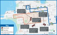 Routes 60 and 64 on detour in downtown Olympia due to road closures for Arts Walk events.