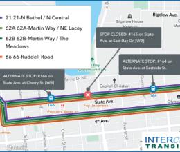 Stop #165 on State Ave. at East Bay Dr. [WB] closed due to the closure of State Ave. between Pear St. and Chestnut St.