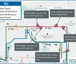 Route 66 on detour for two trips due to the closure of Golf Club Rd. and 6th Ave. intersection.