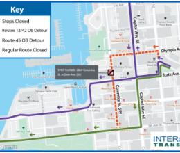 Outbound Routes 12, 42 and 45 are on detour due to construction in the westbound lane of Olympia Avenue.