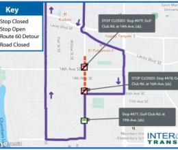 Route 60 on detour due to closure of 14th Ave. and Golf Club Rd.